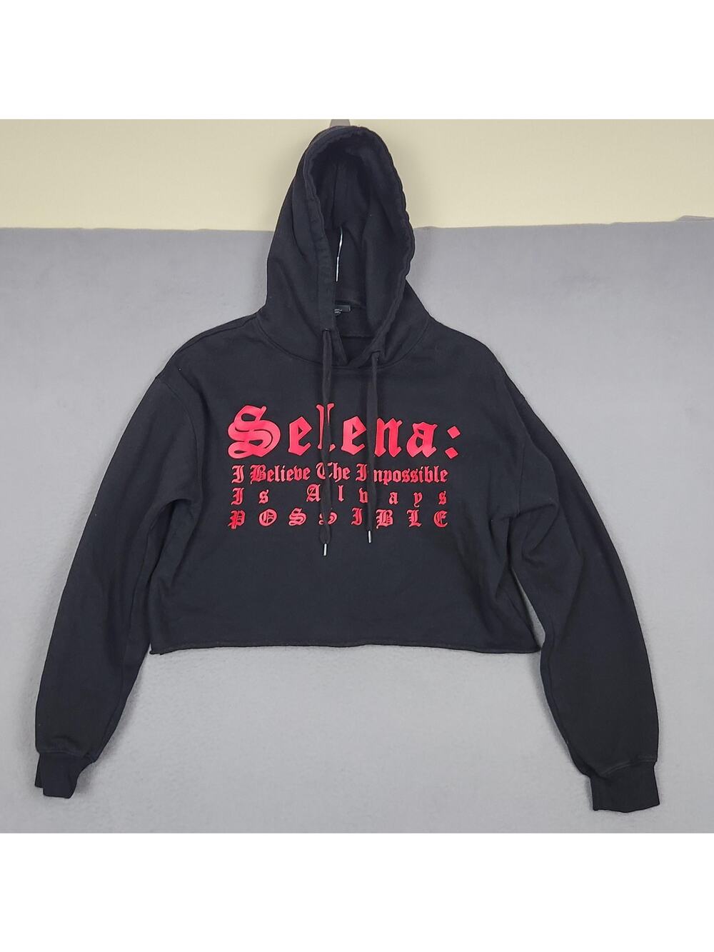Selena Hoodie Womens Medium Black Cropped Sweatshirt I Believe Quote Text 2019
